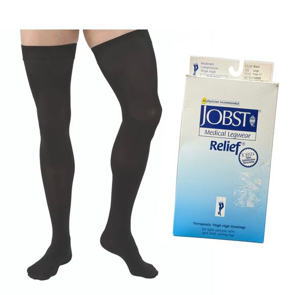 NIB JOBST Relief Thigh High Closed Toe Dot Band 15-20mmHg Black Large #114828 - Picture 1 of 10